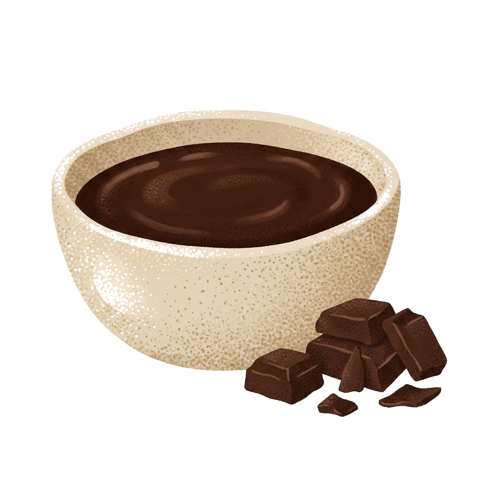 Cuenco con sirope de chocolate y trozos de chocolate al lado
