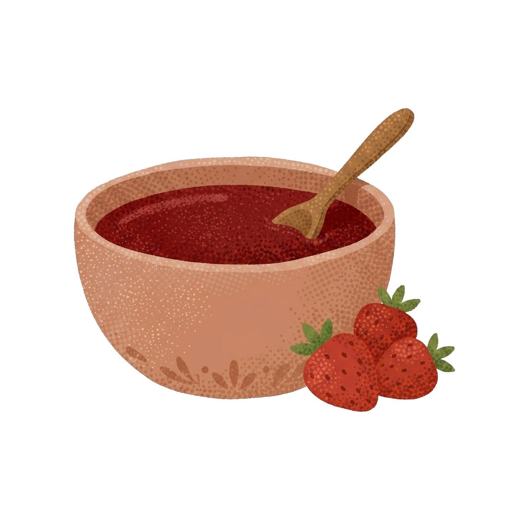 Cuenco con sirope de fresa y fresas al lado